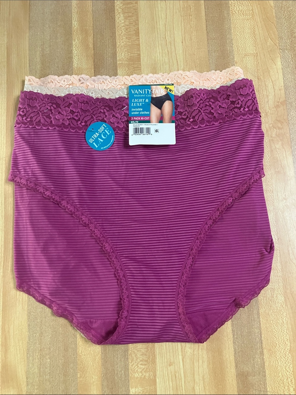 Vanity Fair Raspberry, Peach and Beige Hi - Cut Flattering Lace panties x 3